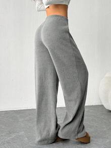 Plus Size Solid Color Warm Fleece Feeling Wide Leg Straight Pants, Loose Casual Long Trousers For Women, Suitable For Daily Wear & Home, Autumn/Winter - Silver - View 1