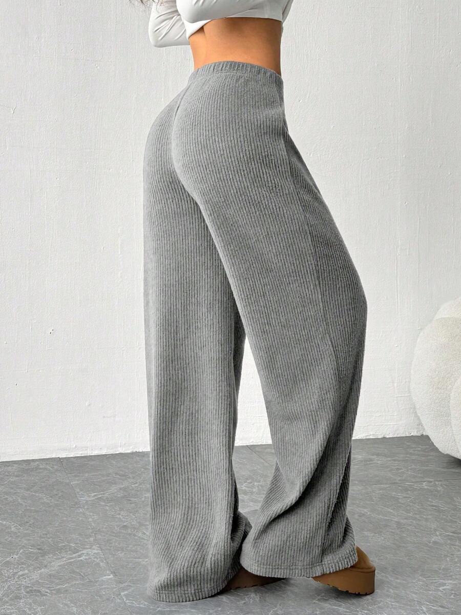 Plus Size Solid Color Warm Fleece Feeling Wide Leg Straight Pants, Loose Casual Long Trousers For Women, Suitable For Daily Wear & Home, Autumn/Winter - Silver - View 1