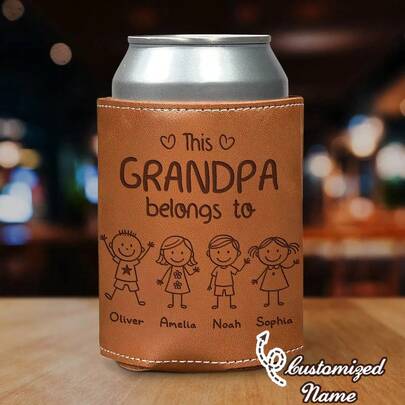 Customized Leather Engraved Beer Can Holder - Grandpa Belongs To Us, Best Gift For Men, Engraved Beer Can Holder, Men's Leather Accessory, Christmas Gift