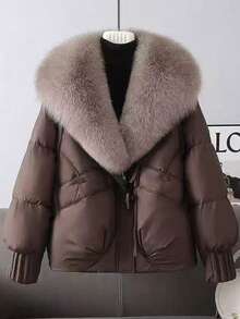 Women's Elegant Down Jacket Coat, Black Woven Fabric, Long Sleeve, Regular Hem, With Faux Fur Waterfall Collar And Pockets, Padded Winter Jacket