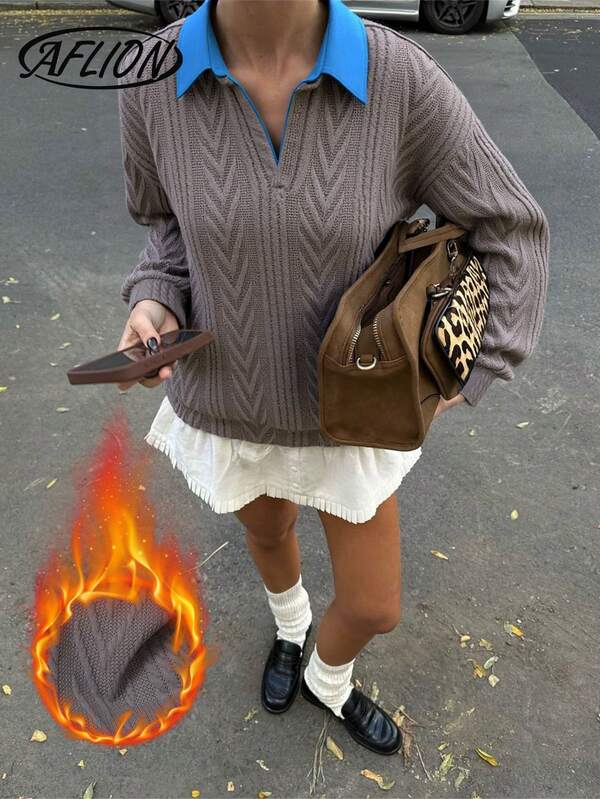 Suéter de mujer de unicolor con cuello de canalé de color contrastante azul, con media cremallera, de estilo retro elegante y minimalista, versátil para el estilo universitario, prenda superior casual gris para uso diario, citas, compras, fiestas, Acción de Gracias, Navidad