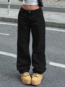 Women Casual Light Color Water-Washed Wide Leg Denim Jeans For Daily Wear - màu đen - Xem 5