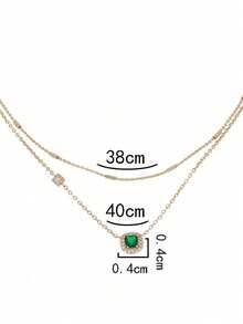 Nooxian 2pcs/Set Fashionable Geometric Green Zirconia Cube Copper Zirconia Pendant Layered Necklace Set - Yellow Gold - View 9