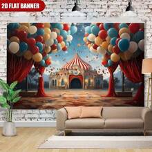 1 pancarta 2D con globos de colores y una carpa de circo mágica para una celebración soñadora - Perfecta para decoraciones de fiesta de cumpleaños y fiestas con tema de carnaval, hecha de material de poliéster duradero - Multicolor - Ver 3