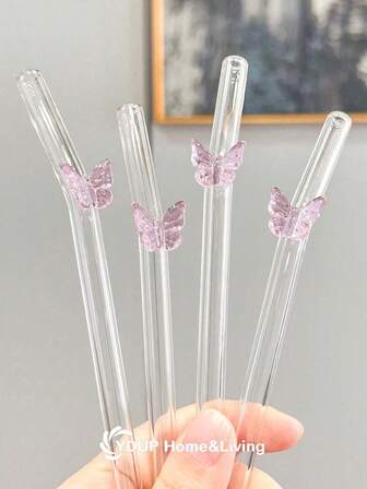 1/2/4/6/8Pcs Cartoon Reusable Decorations Glass Straw WIth Pink Bows Stuff, Cute Bent Clear Party Glass Drinking Straw Cutlery Set With Cleaing Brush, For Water Cup, Kitchen, Straw Topper, Cold Drinks, Milk Tea, Coffee, Juice, Smoothies, Kitchens, Restaurants, Cocktail Parties, Back-To-School, Funny Gifts For Girlfriends/Boyfriends, Parents, Friends, Holiday Supplies, New Year, Valentine's Day.