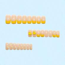 24PCS Short Length French Tip Press On Nails - Cute Little Yellow Duck & Flower Nail Art Decals, Reusable False Nails With Included Glue, Effortless-To-Apply Fashion Manicure For Women & Girls, Suitable For Daily Use, Party Occasions & Date Nights, DIY Nail Accessories Featuring Adorable Cartoon Design,  &  Fake Nails For Hassle-Free Mani - 黃色 - 查看 4