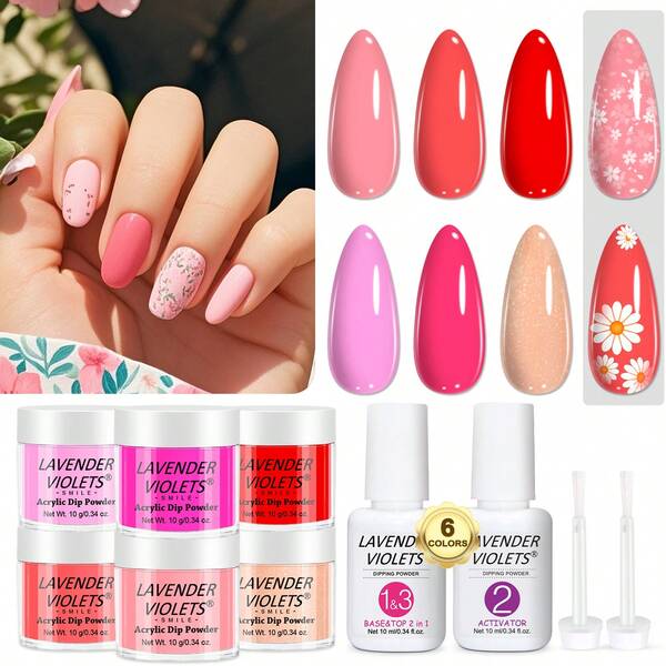 Kit esencial de 11 piezas de polvo de inmersión para uñas - 6 colores rojo y rosa de polvo de inmersión y base, top coat, activador, diseño de uñas francesas, manicura para salón en casa, diseño DIY, regalo de Navidad y Acción de Gracias para niñas y mujeres