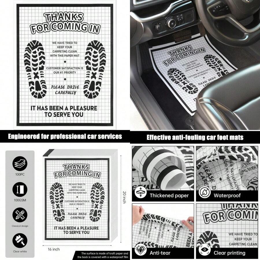 100 Pcs White Paper Floor Mats For Cars 16x20 Disposable Auto Floor Pads Made Of Kraft Paper Waterproof Thank You Car Mats For Car Detailing Dealership Automotive Supplies Gift - 白色100件 - 查看 1