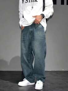 Men's Casual Vintage Loose Fit Jeans With Pockets - Rửa trung bình - Xem 3