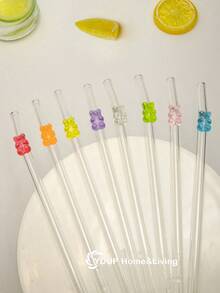 1支/2支/1套卡通装饰玻璃吸管，带彩色小熊吊坠，可爱可重复使用弯曲玻璃吸管，带清洁刷，适用于厨房、水杯、冷饮、奶茶、咖啡、果汁、冰沙、餐厅、鸡尾酒会、返校季、送给女朋友/男朋友、父母、朋友的礼物、节日用品。 - 款式1 - 查看 5
