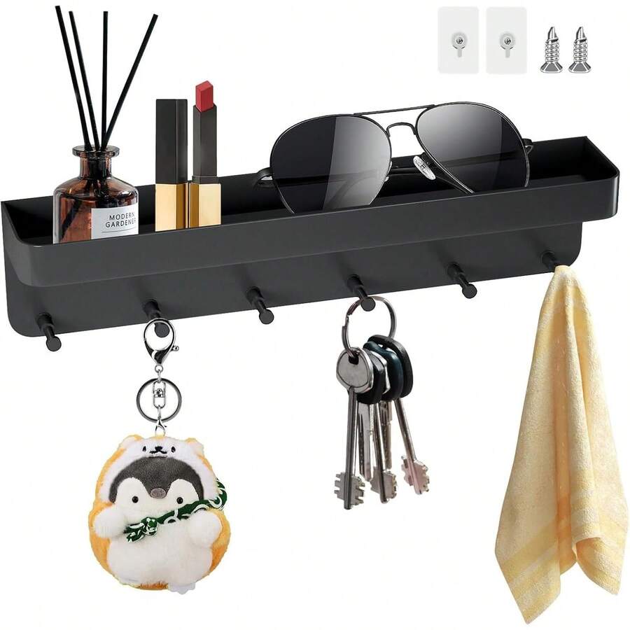 Porta Llaves para Pared, Estante de Pared Multiusos con Caja de Diverso y 6 Ganchos, Colgador Llaves, Organizador de Cocina para Autoadhesivo, Apto para Salón, Cocina, Baño, Oficina (Negro) - 1 - Ver 1
