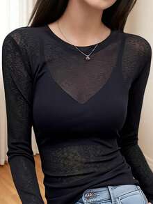2025 Spring/Autumn Women Crew Neck Layering Tee, Sheer Mesh Long Sleeve Thin Blouse - Black - View 2