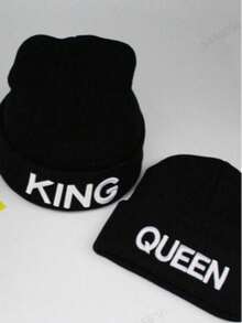 1pc King And Queen Knitted Beanie Hat, Matching Couple Skull Ski Hats, Black - European And American Street Hip Hop Style, Unisex Winter Warm Knitted Skull Cap, Christmas, New Year, Valentine's Day Gift - Multicolor - View 1