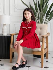 Young Girl Vacation Fashion Pearl Decor Round Neck Long Sleeve A-Line Knit Sweater Dress, Comfortable & Soft, Suitable For Daily, Outdoor, Travel, Vacation, Home, Daycare, School Wear, Spring/Autumn/Winter