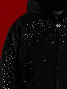 Unisex Black Rhinestone Zip Up Hoodie Oversized Crystal Sweatshirt Designer Streetwear For Men And Women - màu đen - Xem 5