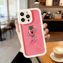 Cubierta de teléfono con borde negro y cuerpo rojo con estampado de fresa animada feliz para uso diario en cafeterías y salas de estar Aplicable a los teléfonos de la serie Apple y Galaxy - Blanco - Ver 2