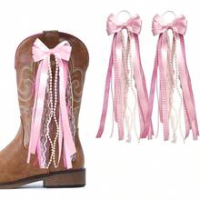Pink Ribbon Bow  Boot Bows Pink White Buffalo Plaid Boot Bows Glitter Pearl Lace Holiday Birthday School Accessory Decor - Hồng - Xem 2