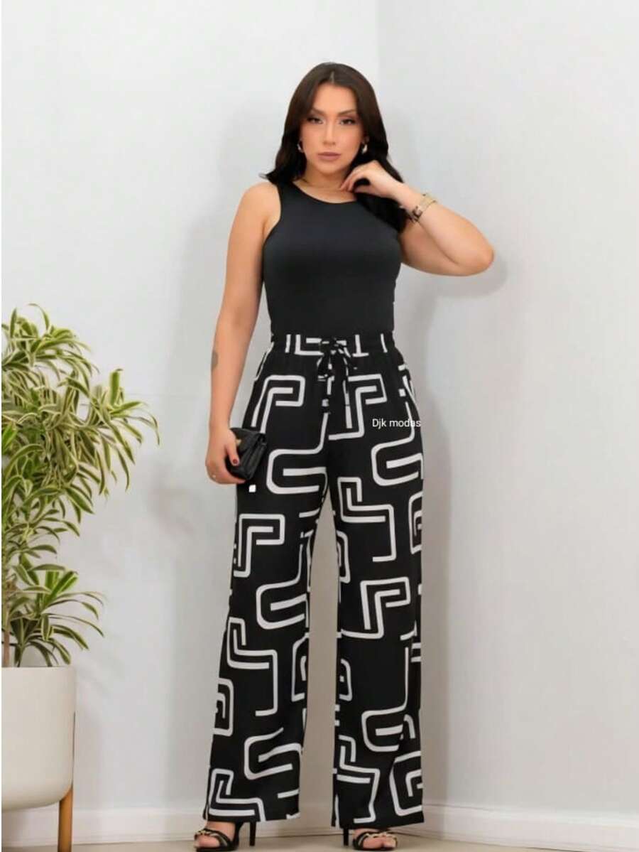 Duna Fabric Wide-Leg Pants - 黑色迷宮圖案 - 查看 1