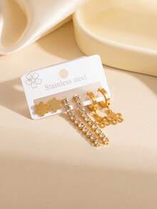 Set de 3 pares de pendientes de acero inoxidable con flecos y circonita cúbica dorada, pendientes de mujer con diseño de flor y corazón brillantes, adecuados para uso diario, banquetes, bodas y fiestas