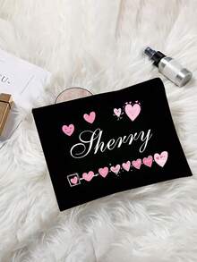 Bolsa de maquillaje lavable con patrón de corazón e impresión de nombre personalizada, bolsa de aseo portátil con diseño de corazón lindo, bolsa de maquillaje conveniente para mujeres, organizador de viaje con cremallera para cosméticos - Multicolor - Ver 4