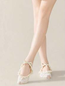 1pair White Ballet Shoes Socks For Women With Lace Tie Short Socks,Japanese Style, Fall - White - View 6