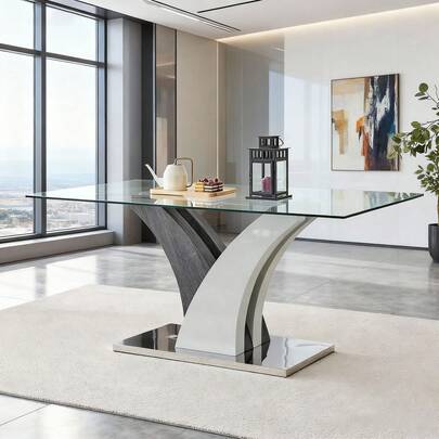 MUUOKY 63" Rectangular Glass Dining Table, Modern Tempered Glass Top With Stylish White & Grey MDF Base, Contemporary Kitchen Table For Dining Room, Living Room, Apartment, Office Conference Room, Minimalist Dining Room Furniture, Easy To Clean, Easy Assembly, Home Decor, Spring Refresh, Summer