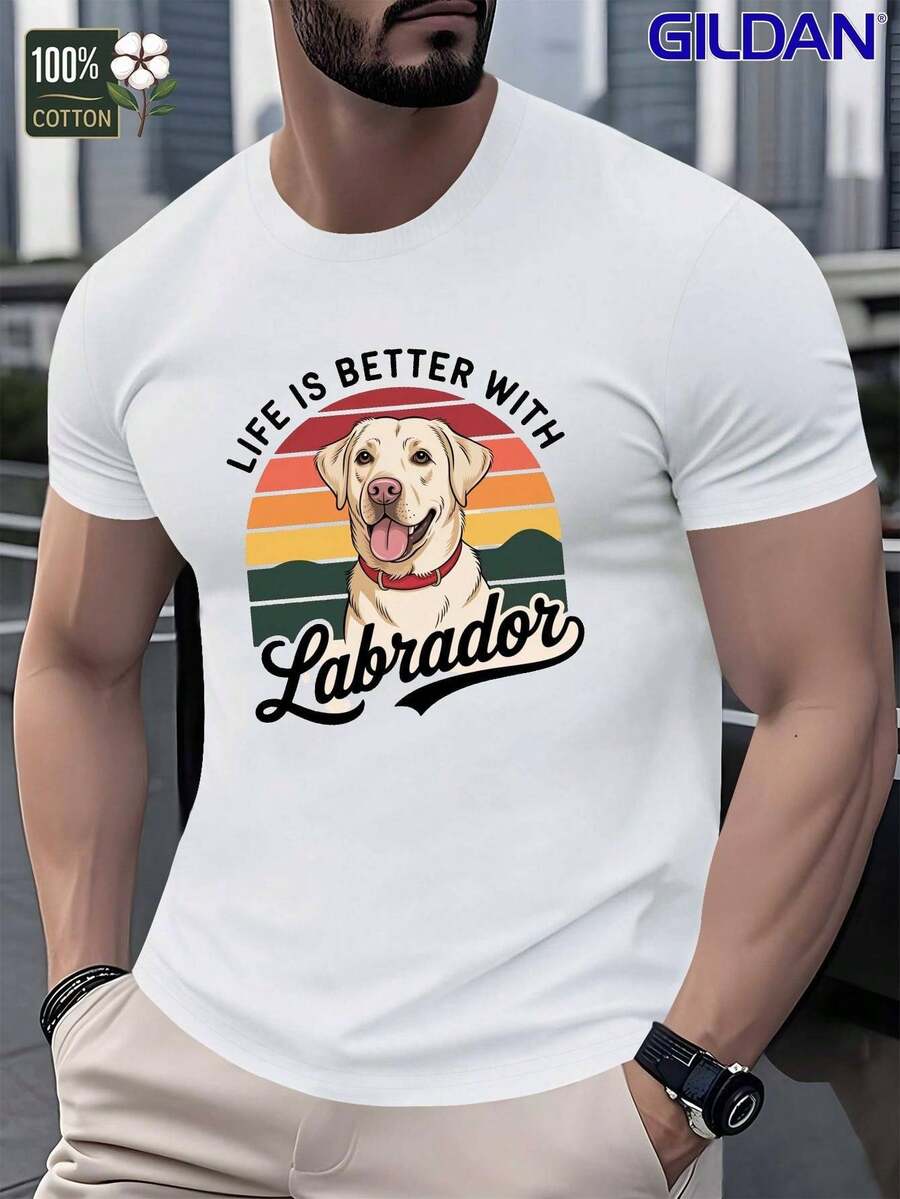 Camiseta GILDAN para Hombres de Labrador Retriever Vintage - 100% Algodón, Manga Corta, Estilo Casual con Gráfico de Perro Labrador, Estampado Retro de Logo de Labrador y Eslogan, Cuello Redondo, Camiseta de Verano para Amantes de los Perros (Dueños de Labrador)