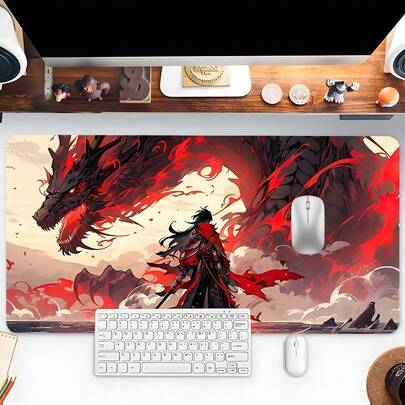 YUFZX Fashion Anime Warrior And Fiery Dragon Style Extended Mouse Pad, Large Gaming Desk Mat, Stylish Desk Decor And Protection Pad, Rubber Anti-Slip Edges, Multi-Sized, Perfect For Laptops, Desktop Gaming, Work, Home, Great Gift For Boys, Girls, Christmas And Halloween Gifts
