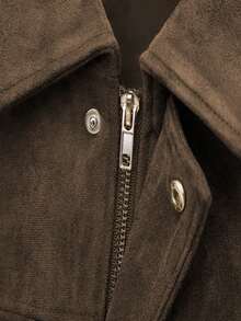 Plus Size Regular Length Jacket With Batwing Sleeves, Zipper And Silver Button Details, Pleated Hem, Women's Fashion Knit Fabric Long Sleeve Coat, Streetwear Style Comfortable Loose Fit Lightweight Jacket For Autumn - Brown - View 6