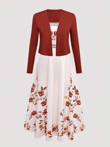 女士优雅印花收腰喇叭连衣裙搭配针织开衫套装，情人节穿搭，约会之夜两件套，春季款 - 亮橙色 - 查看 3