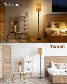 Floor Lamp For Living Room,Farmhouse Rattan Floor Lamp,Modern Standing Lamp With Hand-Worked Rattan Shade,Black Tall Lamp With Foot Switch (Square Shade) - Xem 3