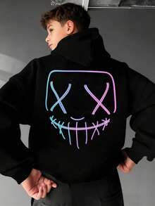 1pc Tween Boys' Casual Printed Pullover Sweatshirt, Thermal Lined, Long Sleeve, Autumn/Winter - Black - View 8