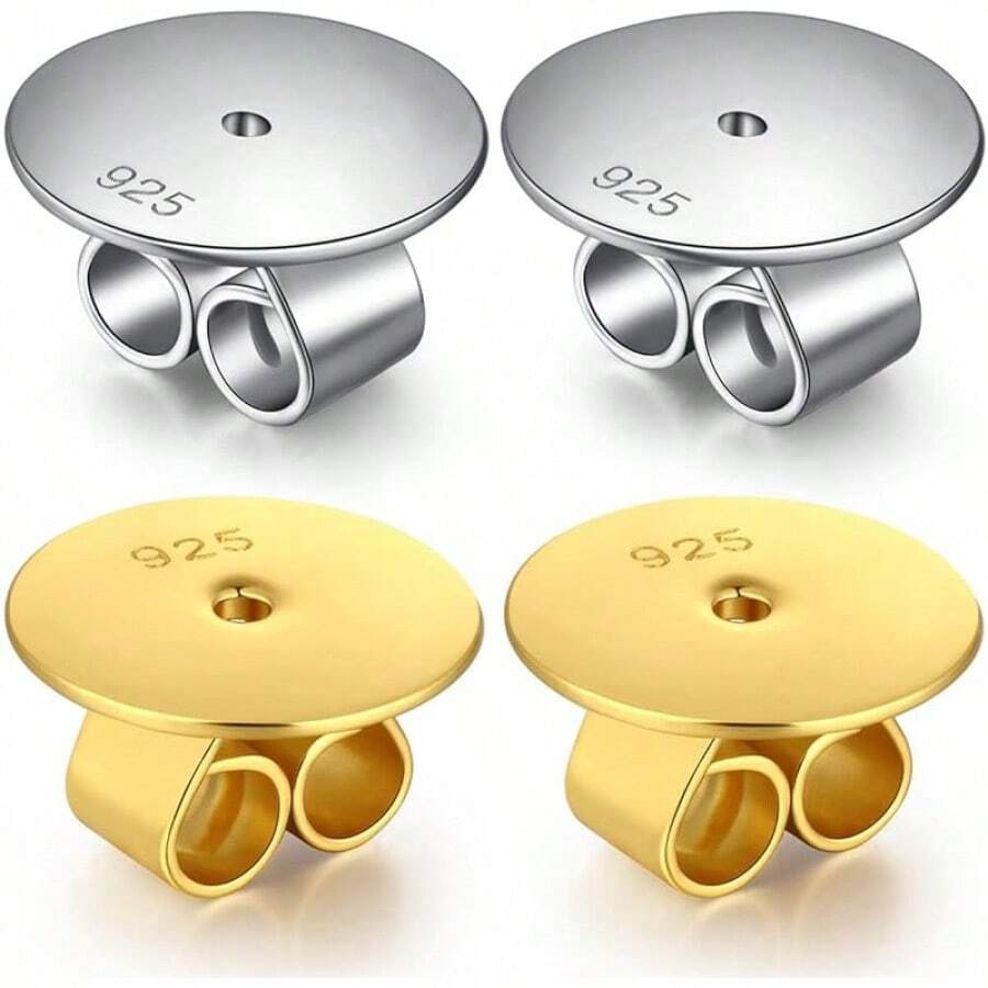 Earring Backs - Locking Safety Lifter Secure Hypoallergenic Silver Magic Earring Backs Replacement For Stud - B:扁平耳環底托 - 金色和銀色 - 查看 1