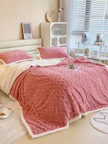 1件装经典菱形图案加厚双层毯，保暖舒适，可作沙发毯，适用于床、房间、客厅、卧室、办公室、露营等场合（紫色/咖啡色） - 粉色 - 查看 6