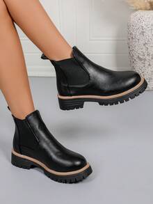 Stivali alla caviglia Chelsea neri di per l'autunno/inverno 2025, stivali piatti color nudo, stivali eleganti e alla moda da principessa, suole antiscivolo, colore unito, eleganti e casual per uso all'aperto e vacanze - nero - Visualizzare 3