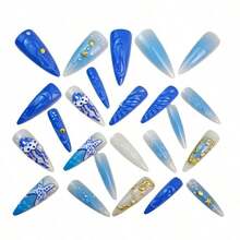 24PCS 3D Rhinestone Embossed Long Pointed Nail Tips - Euro-American  Minimalist Press On Nails, Wearable Removable Reusable Acrylic Fake Nails (High-Quality Acrylic Resists Scratches), Chic Fashion Nail Art With Sleek Polished Design, Glitter Crystal Accent (Bright Shine That Lasts), Daily Wear & Party Ready Stylish Manicure For Women, Ready-To-Use Without Extra Prep, Comfortable Fit For Extended Wear - 藍色 - 查看 5