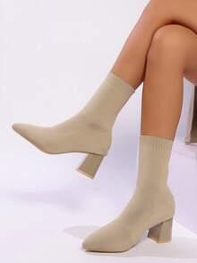 女士米色尖头粗跟踝靴，优雅女士短靴，针织袜靴，时尚百搭休闲鞋 - 米色 - 查看 2