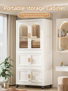 Folding Simple Wardrobe Closet, Folds Flat For Storage,DIY Collapsible Clothes Storage Cabinet ,Foldable Baby Wardrobe With Hanging Rod, Portable Kids Wardrobe With Lockable Wheels & Magnetic Doors, Sturdy Nursery Closet Storage Organizer For Boys & Girls' Bedroom, Easy To Install (White, Large)Apartment Saver - 彩色 - 查看 6
