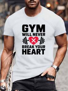 Camiseta de gimnasio para hombres de GILDAN - "El gimnasio nunca te romperá el corazón" Gráfico, camiseta casual de algodón blanca con diseño de barra, cuello redondo, ropa de verano para entusiastas del fitness, camisetas de gimnasio - Blanco - Ver 2