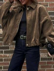 Plus Size Regular Length Jacket With Batwing Sleeves, Zipper And Silver Button Details, Pleated Hem, Women's Fashion Knit Fabric Long Sleeve Coat, Streetwear Style Comfortable Loose Fit Lightweight Jacket For Autumn - Brown - View 1