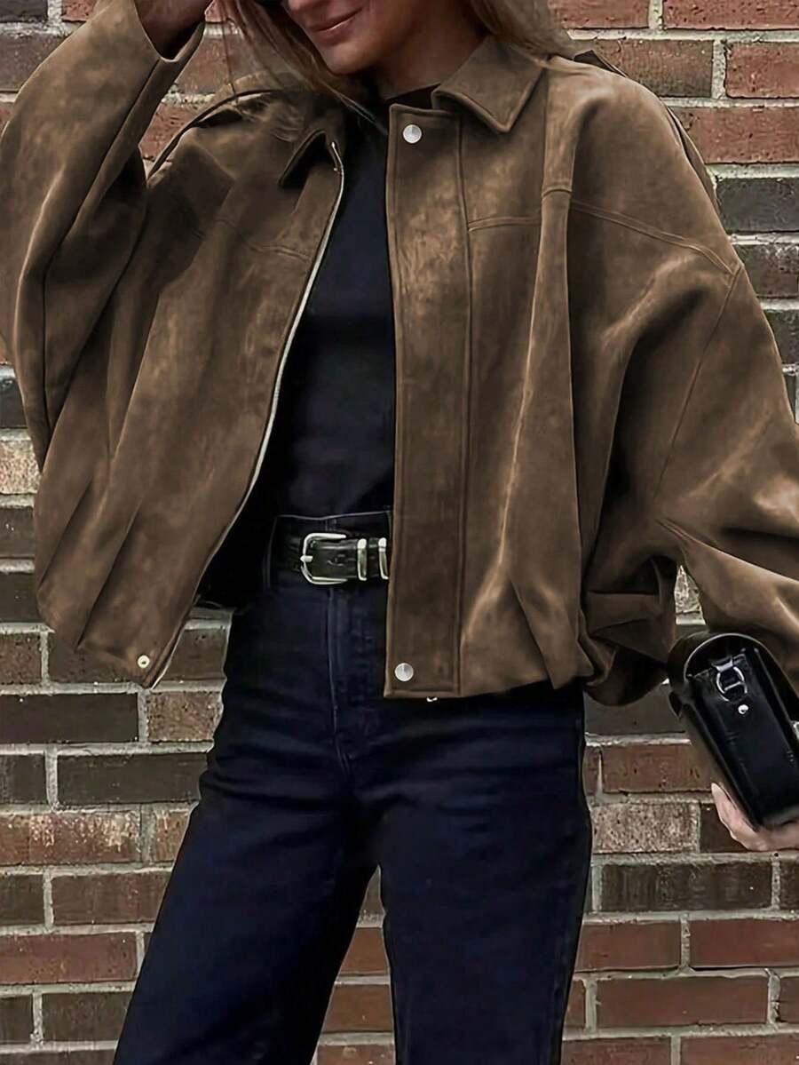 Plus Size Regular Length Jacket With Batwing Sleeves, Zipper And Silver Button Details, Pleated Hem, Women's Fashion Knit Fabric Long Sleeve Coat, Streetwear Style Comfortable Loose Fit Lightweight Jacket For Autumn - Brown - View 1