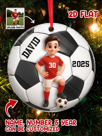 Catygift Décoration de Noël personnalisée de football, design plat de football 2D personnalisable, peut télécharger des photos, des noms, des numéros, des années, cadeau unique pour les joueurs de football, les fans, les enfants, les entraîneurs