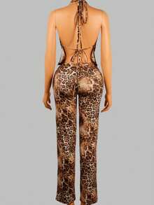 FQLWL Thời trang mùa hè Trang phục đi biển đường phố dành cho nữ Áo yếm cổ chữ V sâu họa tiết da báo Quần cạp cao Bộ đồ hai mảnh đi chơi câu lạc bộ - màu nâu - Xem 3