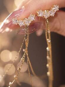 1 Pair Sparkling Star Tassel Earrings, Luxury Fully Paved Long Earrings For Women, Shiny Party & Evening Fairy Style Accessory