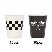 10/20/40 pezzi Bicchieri di carta usa e getta da 9 once per festa a tema auto da corsa - Disegno a scacchi bianco e nero della bandiera a scacchi, decorazioni per feste di compleanno a tema auto da corsa