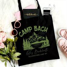 Custom  Inspired Bachelorette Tote Bag - Camp Bach Wedding Party Handbag, Durable Polyester Camping Bag For Bridal Showers, Girls Trip, Hiking Bach - Vintage Outdoor Wedding Decorations, Bachelorette Party Decorations, Mountain Graphic Design, Sturdy Handle Construction, 2D Flat - 黑色 - 查看 5