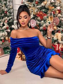 AIJ Amarilo Women's Elegant Off Shoulder Ruched Ruffle Hem Bodycon Mini Dress – Perfect For Summer Party, Valentine's Day, Wedding Guest & Carnival Events - Royal Blue - View 6