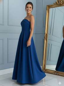 FS Concept Long Dress With Straight Neckline And Strapless Yoke, Elegant Premium Style, Bridesmaid Dress, Party Dress, Graduation Dress, Linen Blend. - 寶藍色 - 查看 3