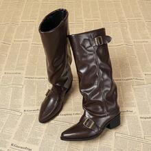 Fall/Winter Women's Niche Pointed Toe Chunky Heel Flared Shaft Boots With Belt Buckle Design, Slim Fit Over-The-Knee Motorcycle Boots