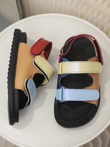 1 Pair Candy Color Thick Sole Hook & Loop Beach Sandals, Kids Open Toe Sandals, Baby Soft Bottom Shoes, Color Block Hook & Loop Decor, PU Material, Easy To Match Flat Heel, Outdoor Fashion Casual Shoes For Summer - Orange - View 5